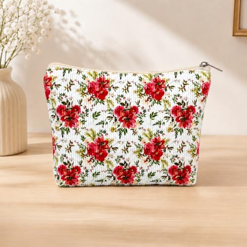 Corduroy Makeup Bag Cosmetic Bag – Portable Toiletry Bag Large Capacity Organizer for Travel, Toiletries and Daily Use (Red Flower 5) - color: Red Flower 5