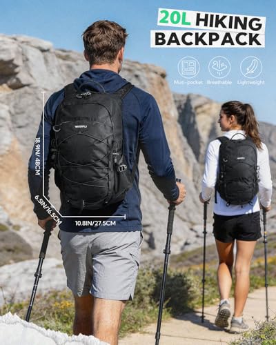 WATERFLY 20L Small Hiking Backpack for Women Men, Lightweight Breathable Back Panel, Chest Strap with Whistle, Fits 2L Water Bladder, Multi-Pocket Bag for Hiking Camping Travel Trekking Outdoor - color: Black