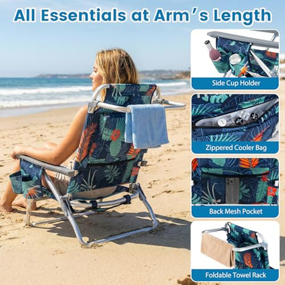 COSTWAY Portable Folding Backpack Beach Chairs Set of 2 with 5-Position Backrest, Padded Headrest, Cup Holder & Ice Bag for Lawn, Poolside (Palm Tree Green) - color: Palm Tree Green