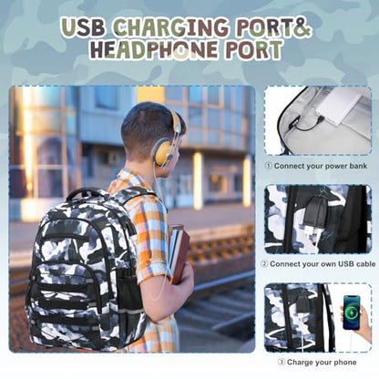 ACESAK Camo Backpack for Boys, Tactical Kids Backpack Boys, School Bags for Boy Children Teens Kids Elementary Middle High School, Military Bookbag and Lunch Bag Pencil Case Set with USB Charging Port - color: Black Blue Camo