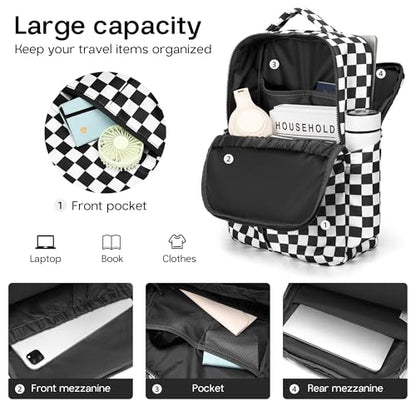 Checkered Backpack for Women Fashion Backpacks with Laptop and Multi Compartment for Travel and Work Black White Check - color: Black White Check