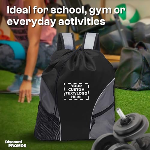 DISCOUNT PROMOS Custom Sporter Drawstring Backpacks Set of 6/12/24, Personalized Bulk Pack - Compact, Lightweight, Unisex Backpack - Black - color: - Custom - Black, size: 6/12/24