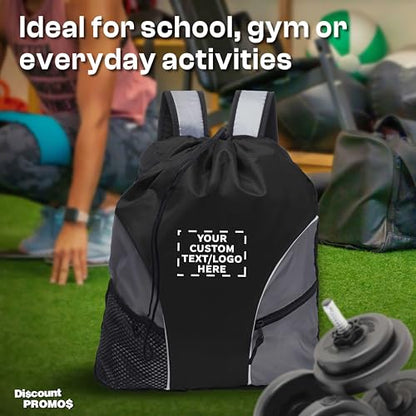 DISCOUNT PROMOS Custom Sporter Drawstring Backpacks Set of 6/12/24, Personalized Bulk Pack - Compact, Lightweight, Unisex Backpack - Black - color: - Custom - Black, size: 6/12/24