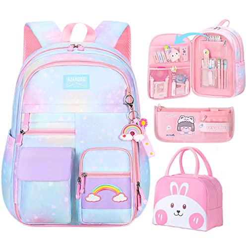 Kawaii Backpack, Cute Girls Backpacks Ages 6-8, Mochila Para Niñas | Pink Backpack with Lunchbag & Pencilcase, Kid Starry Rainbow Aesthetic Bookbag for Girls - color: 3 Pcs-set Blue Kawaii Backpack