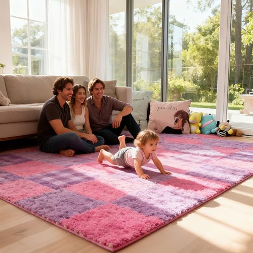 Thickened Plush Foam Interlocking Floor Carpet Mat,24 Piece 12x12in Fluffy Square Puzzle Foam Carpet Tiles with Edgings,Soft Anti-Slip Shaggy Area Rug Playmat(Color:Rose red+Purple) - color: Pink+purple