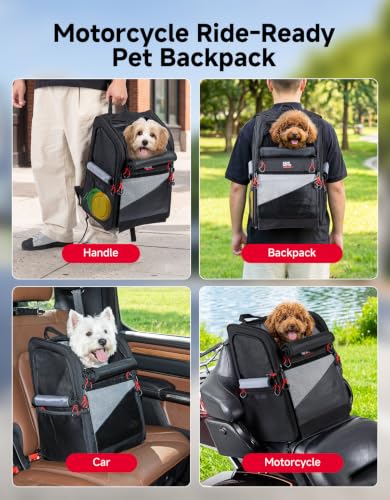 KEMIMOTO Expandable Motorcycle Dog Carrier for Small Dogs &Cat Under 17 lbs Breathable Pet Travel Carrier with Anti-Escape Safety Leash, Foldable Pet Bag, Padded Shoulder Straps Fits for Touring Trike - style: Expandable