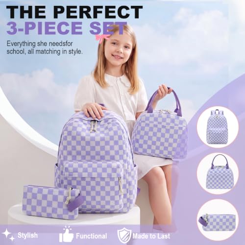 LEDAOU Kids Backpack for Girls Backpacks with Lunch Box, Lightweight Bookbag Set Elementary Middle School Back pack for 8-14 - color: Purple Checkered