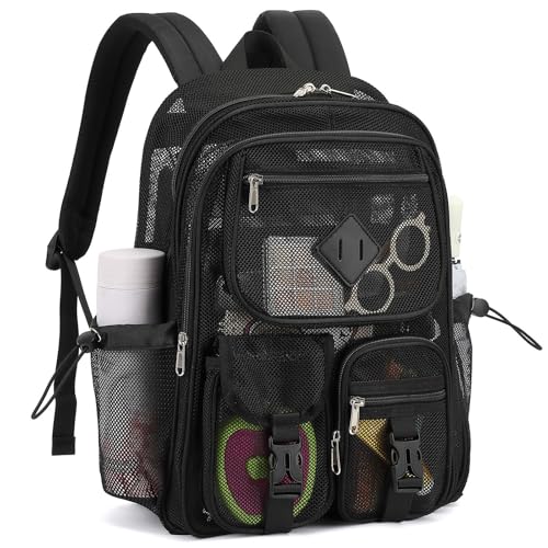 Black Mesh Backpack for Girls Boys, Mesh Bookbags Heavy Duty Semi-Transparent School Bag for College, Travel, Beach, Swimming, Sports - color: Black