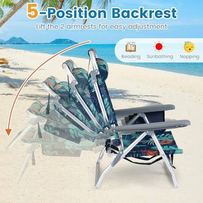 COSTWAY Portable Folding Backpack Beach Chairs Set of 2 with 5-Position Backrest, Padded Headrest, Cup Holder & Ice Bag for Lawn, Poolside (Palm Tree Green) - color: Palm Tree Green