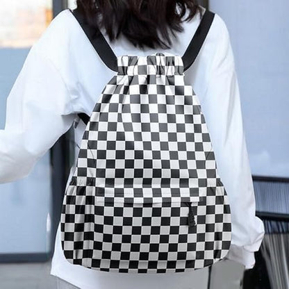 Drawstring Backpack for Women Drawstring Gym Bag Water Resistant Small Cinch Sack Pull String Backpack Bag (Checkered-Black) - color: Checkered-black