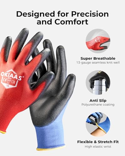 OKIAAS Men's Lightweight Construction Gloves with Grip, 12 Pairs, Red, Small - color: Red (12 Pairs), size: Small
