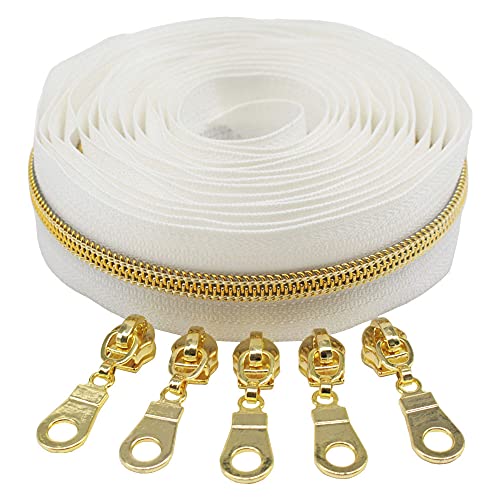 MebuZip #5 Gold Metallic Nylon Coil Zippers by The Yard Bulk Coil Zipper Roll 10 Yards with 25pcs Pulls for DIY Sewing Craft Bags (White) - color: Gold White