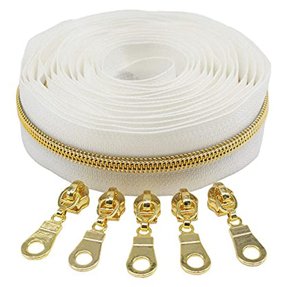 MebuZip #5 Gold Metallic Nylon Coil Zippers by The Yard Bulk Coil Zipper Roll 10 Yards with 25pcs Pulls for DIY Sewing Craft Bags (White) - color: Gold White