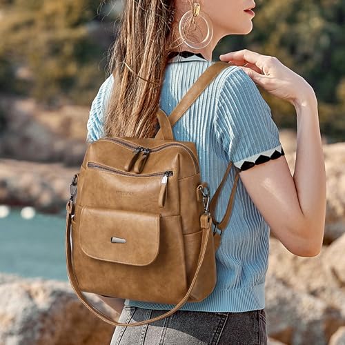 WYFJNX PU Leather Backpack Purse for Women Fashion Multipurpose Design Handbag Ladies Shoulder Bags Travel Backpack Camel - color: Camel