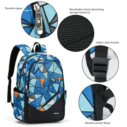 Boys' Large School Backpack, for 8-16 Years Old, Elementary - High School (Geometric Blue, Large：19.5×7.2×13.25 inch) - color: Geometric Blue
