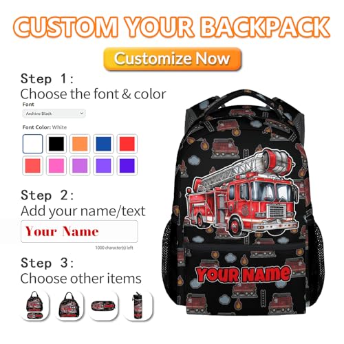 Personalized Truck Backpack for Kids Toddler - 17 Inch Boys Fire Truck School Backpacks, Cool Adjustable Lightweight Kids Bookbag for Travel - color: Red