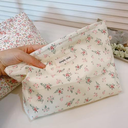 Wudygirl Flower Makeup Bag Cosmetic Bag for Women and Girls Large Capacity Makeup Pouch Aesthetic Cute Makeup Bag Canvas Toiletry Bag Pencil Pouch with Zipper (Beige and Small Floral) - color: Beige Floral