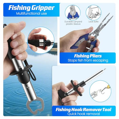 Fishing Tackle Backpack with 2 Tackle Boxes, 208PCS Complete Fishing Gear Kit for Beginners, Waterproof Fishing Bag Organizer with Fish Hook Remover, Lip Gripper, Pliers, Ideal Gift for Men