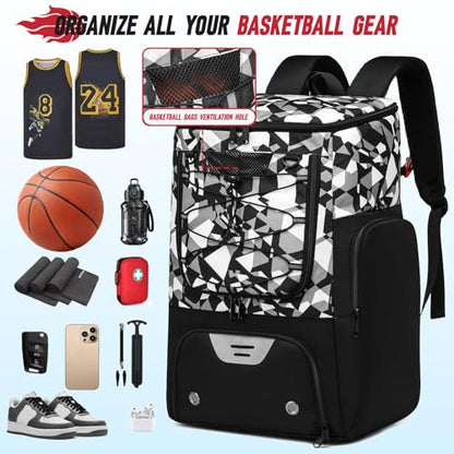 Basketball Backpack, Basketball Bag with Separate Ball Holder & Shoes Compartment Water Resistant Sports Bag Basketball Equipment Bags Fit Volleyball, Soccer, Swim, Gym, Travel, Black, White - color: Blackgreywhite