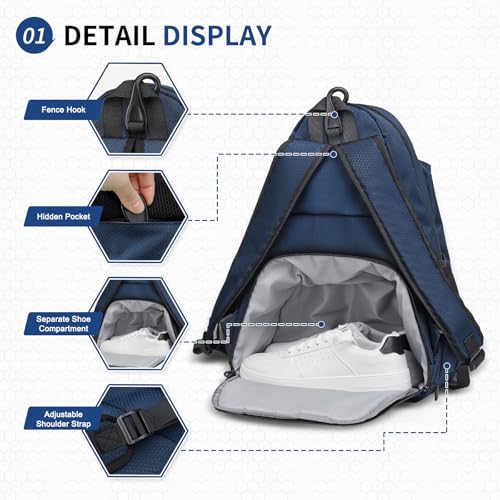 Tennis Backpack for Rackets, Waterproof Tennis Bag with Shoe Compartment, Wet/Dry Pocket, Fence Hook, for Tennis, Pickleball, Badminton - color: Blue