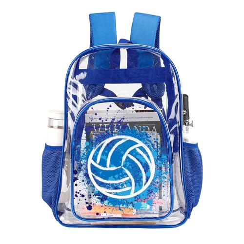 Volleyball Clear Backpack Heavy Duty for Girls Kids Boys Women | Large Cool PVC Volleyball Theme Printing Transparent Backpacks for Schools Stadium Concerts Work - Clear/Blue - color: Volleyball Clear Backpack 2 Blue With Front Pocket