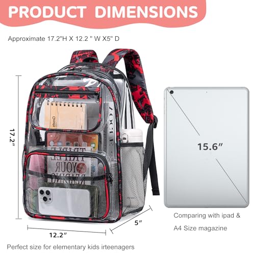 Bluboon Clear Backpack Heavy Duty Kids Boys Clear Bookbag See Through Backpacks with Pencil Case for College Work (Transparent Red) - color: Transparent Red