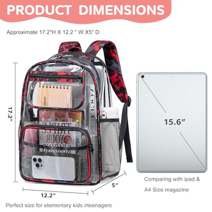 Bluboon Clear Backpack Heavy Duty Kids Boys Clear Bookbag See Through Backpacks with Pencil Case for College Work (Transparent Red) - color: Transparent Red