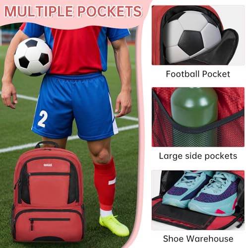 GMAK Soccer Backpack for Youth, Soccer Bag with Ball/Shoe Compartment for Football/Basketball/VB, Lightweight Training Pack - color: Red