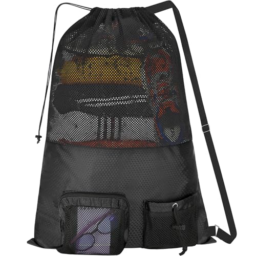 NATURAL STYLE Mesh Drawstring Gym Swim Beach bag, Large Waterproof Pool Sports Backpack for Swimming Gear Workout Yoga Travel - color: Black