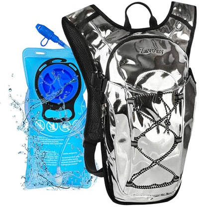 Reflective Hydration Backpack, Hydration Pack - Water Backpack with 2L Hydration Bladder, Essential for Festivals - Rave Hydration Pack for Hiking, Running, Cycling, and Festivals - color: Silver