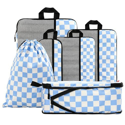 U+U 6 Set Compression Packing Cubes - Ultralight Travel Organizers with Laundry Bag, Space-Saving Suitcase Organizer for Travel, Business Trip and Family Vacation (Blue Checkered)