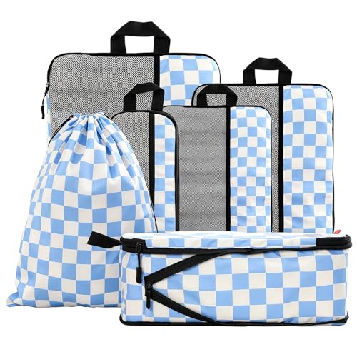U+U 6 Set Compression Packing Cubes - Ultralight Travel Organizers with Laundry Bag, Space-Saving Suitcase Organizer for Travel, Business Trip and Family Vacation (Blue Checkered)
