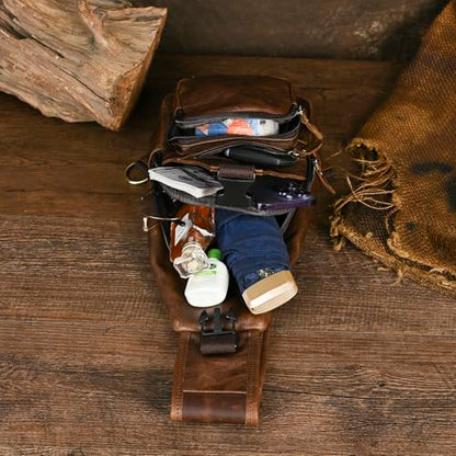Le'aokuu Men Fashion Casual Tea Designer Travel Hiking Crossbody Chest Sling Bag Rig One Shoulder Strap Bag Men Leather 8015 | Fashion - color: C Dark Brown