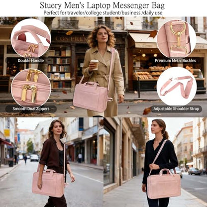 Stuery Faux Leather Messenger Bag for Men 17-17.3 Inch: Laptop Bag Briefcase Computer Handbags Shoulder Crossbody Bag with Padded Laptop Sleeve for Work College Travel, PU Pink - color: Pu Pink