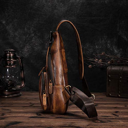 Le'aokuu Men Fashion Casual Tea Designer Travel Hiking Crossbody Chest Sling Bag Rig One Shoulder Strap Bag Men Leather 8015 | Fashion - color: Gold