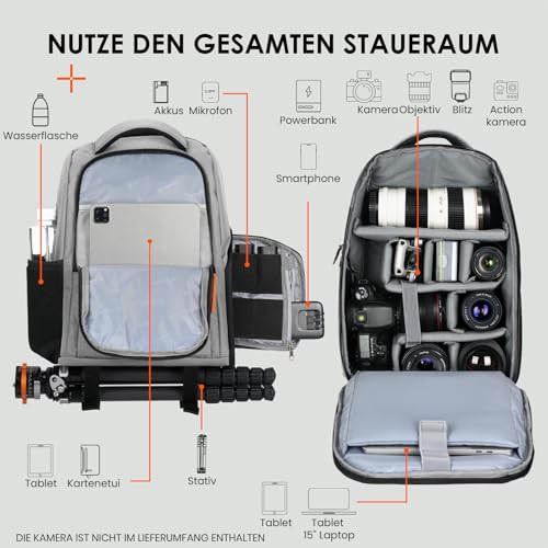 TARION Large Camera Backpacks for Photographers - Waterproof Camera Bag Photography backpack with 15" Laptop Compartment Rain Cover Side Access Tripod Holder(TB02 Grey) - color: Grey