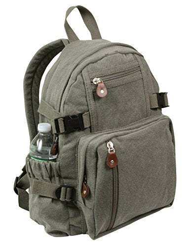 Rothco Vintage Canvas Compact Backpack, Small Cotton Canvas Daypack with Multi Pockets, Adjustable Straps, Mini Travel Bag (Olive Drab) - color: Olive Drab, size: One Size