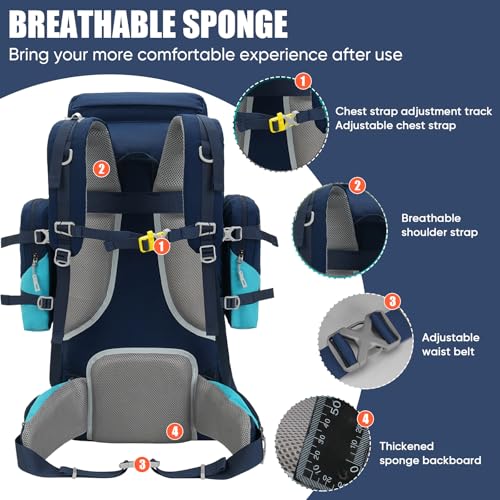 Bseash 70L (65+5) Waterproof Hiking Camping Backpack with Rain Cover, Outdoor Sport Travel Daypack for Climbing Touring (Navy Blue) - color: Navy Blue