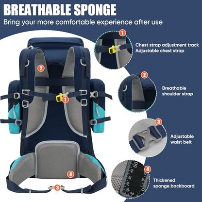 Bseash 70L (65+5) Waterproof Hiking Camping Backpack with Rain Cover, Outdoor Sport Travel Daypack for Climbing Touring (Navy Blue) - color: Navy Blue