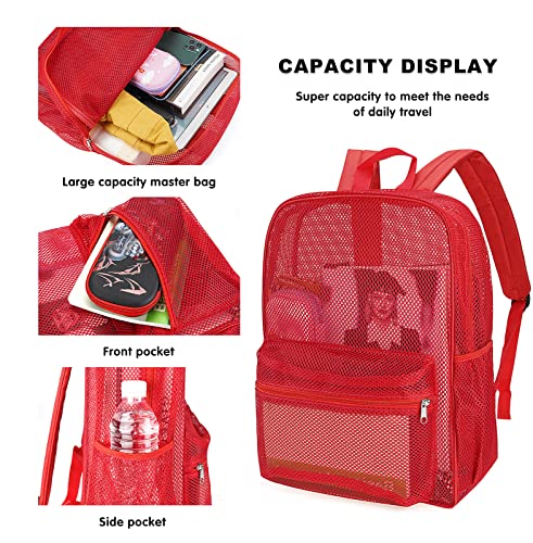 MCWTH Heavy Duty Mesh Backpack, See Through School College Student Mesh Bookbag (Red) - color: Red