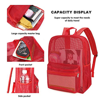 MCWTH Heavy Duty Mesh Backpack, See Through School College Student Mesh Bookbag (Red) - color: Red