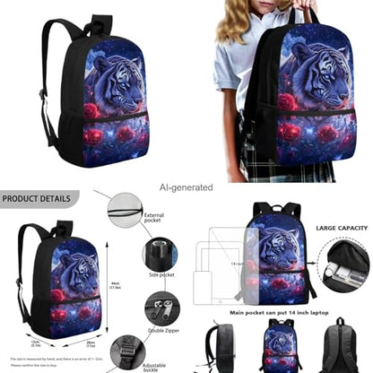 Aesthetic Tiger Backpack for Kids Girls Backpack with Lunch Box Water Bottle Holder and Soft Pencil Case 4PCS Set Lightweight Bookbag with Front Pocket for School 17 inch Sturdy School Bag - color: Aesthetic Tiger-1