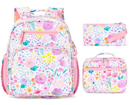 mibasies Girls Backpack with Lunch Box: 3PCS Kids Backpack Set for Kindergarten Elementary - 15 IN Cute Bookbag - Flower Pink - color: Flower Pink