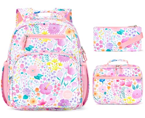 mibasies Girls Backpack with Lunch Box: 3PCS Kids Backpack Set for Kindergarten Elementary - 15 IN Cute Bookbag - Flower Pink - color: Flower Pink