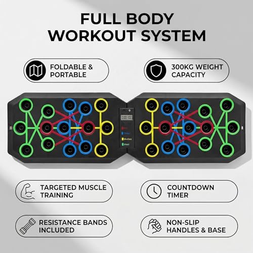 Push Up Board Fitness, BESUNTEK Foldable Multi-Function Exercise Board with Elastic Cord for Total Body Workouts, Portable Push Up Board for Floor