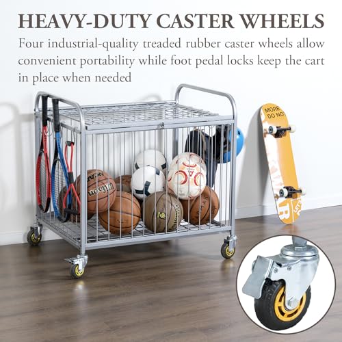 MyGift Large Capacity Metal Rolling Multi Sports Ball Cage Storage Hopper, Gym Equipment Basket Cart with Lockable Latch, Heavy Duty Caster Wheels, and 8 Accessory Hooks - color: Silver