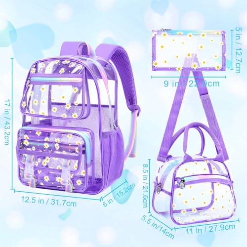 KLFVB Transparent Backpack Heavy Duty, 3PCS Girls See Through School Bag Set, Cute Clear Bookbag for Women - Chrysanthemum Purple - color: Chrysanthemum Purple Clear Backpack