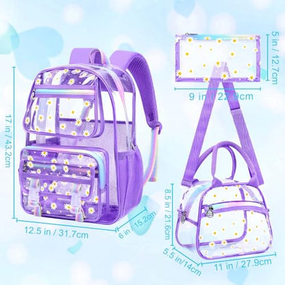 KLFVB Transparent Backpack Heavy Duty, 3PCS Girls See Through School Bag Set, Cute Clear Bookbag for Women - Chrysanthemum Purple - color: Chrysanthemum Purple Clear Backpack