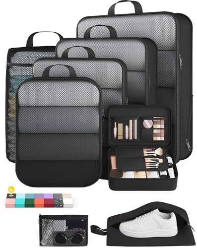 Veken 8 Set Compression Packing Cubes for Travel Essentials,Compressible Expandable Large Luggage Suitcase Organizer Bags for Clothing,Durable Space Saver Storage Bags with Makeup Bag(Black) - color: Black, size: 8 set
