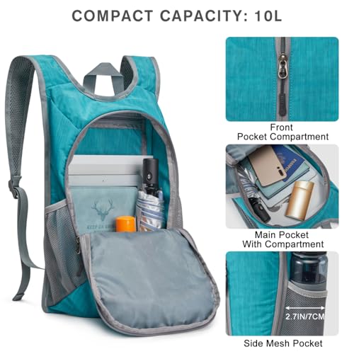 G4Free 10L Hiking Backpack Small Travel Hiking Daypack Lightweight Packable Backpack Casual Foldable Shoulder Bag | Lightweight Packable Daypack, Casual Foldable Shoulder Bag - color: Peacock Blue